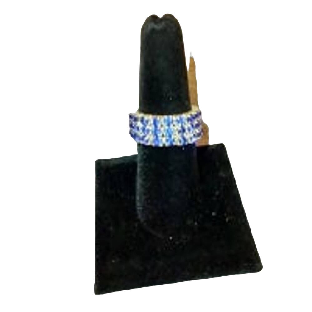 Blue Stretch Rhinestone Ring 3 Row Silver Tone